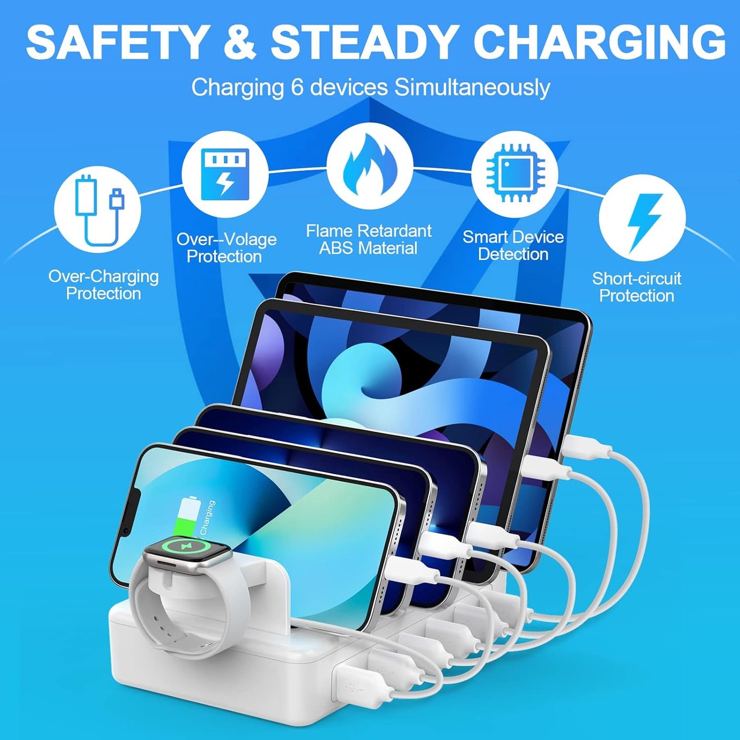 Charging Station for Multiple Devices, 50W 6 Ports Charging Dock with 6 Cables Compatible with Cellphone,Tablet, Kindle, Apple Watch and Other Electronic