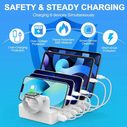 Charging Station for Multiple Devices, 50W 6 Ports Charging Dock with 6 Cables Compatible with Cellphone,Tablet, Kindle, Apple Watch and Other Electronic