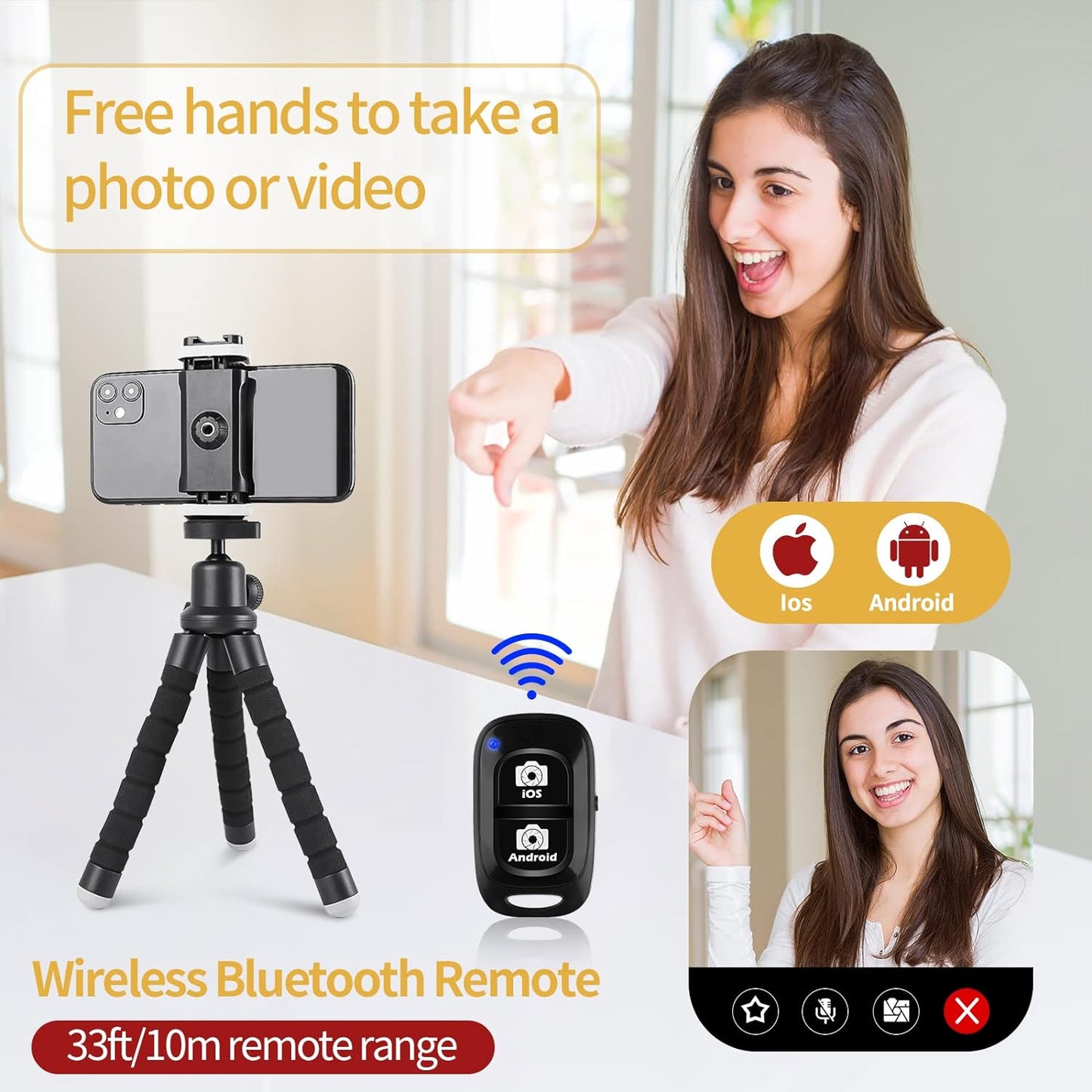 Phone Tripod, Flexible Cell Phone Tripod with Phone Holder and Wireless Remote, Mini Travel Tripod Stand, Compatible with All Cell Phones, Cameras
