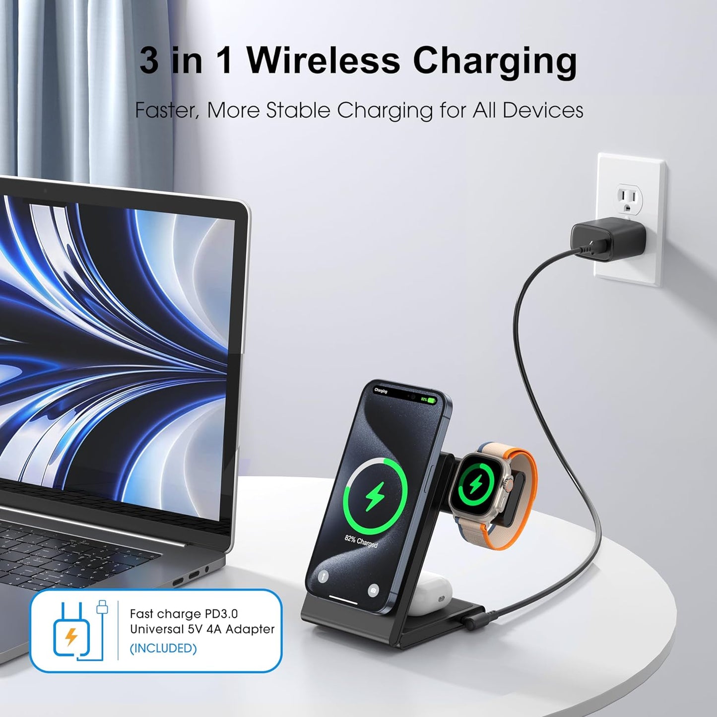 3 in 1 Wireless Charging Station for Multiple Devices, Fast Foldable Travel Mag-Safe Stand for iPhone 15 14 13 12 Pro Max/Plus/Pro/Mini, Magnetic Charger for Apple Watch/AirPods Pro with 20W Adapter