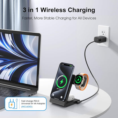 Maxandfix - 3 in 1 Wireless Charging Station for Multiple Devices, Fast Foldable Travel Mag-Safe Stand for iPhone 15 14 13 12 Pro Max/Plus/Pro/Mini, Magnetic Charger for Apple Watch/AirPods Pro with 20W Adapter - Maxandfix -