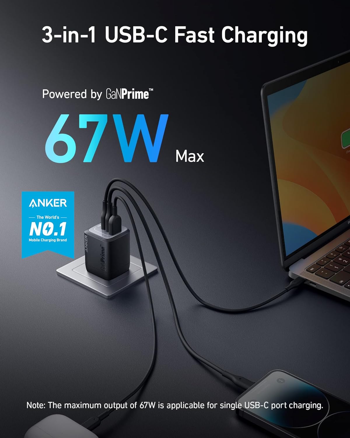 Maxandfix - Anker Prime 67W USB C Charger, Anker GaN 3-Port - Maxandfix -