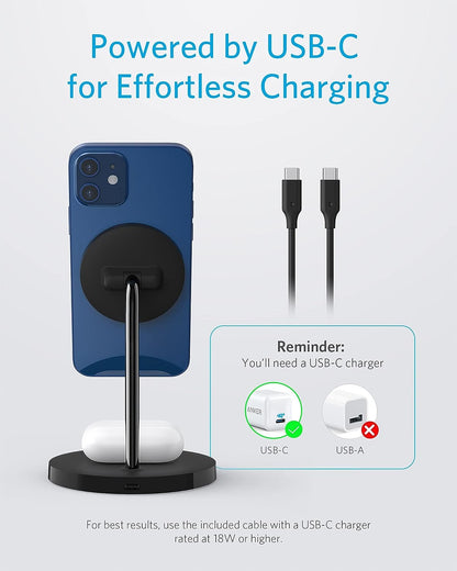 Maxandfix - Anker Wireless Charging Stand, PowerWave 2-in-1 Magnetic Stand Lite with USB-C Cable, Compatible with iPhone 15/15 Pro/15 Plus/15 Pro Max/14/13 and AirPods 2/Pro - No AC Adapter Included - Maxandfix -