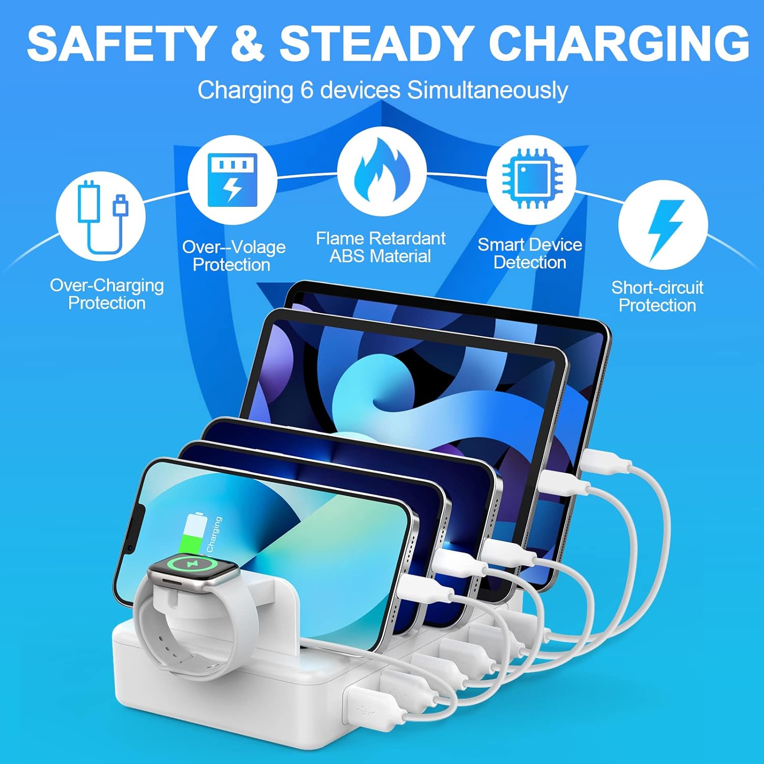 Maxandfix - Charging Station for Multiple Devices, 50W 6 Ports Charging Dock with 6 Cables Compatible with Cellphone,Tablet, Kindle, Apple Watch and Other Electronic - Maxandfix -